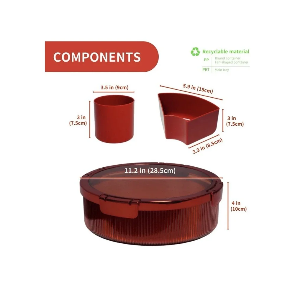 HOUSIO Snackle Box Container, Round‎ Divided Serving Tray with lid 6parts (Red)